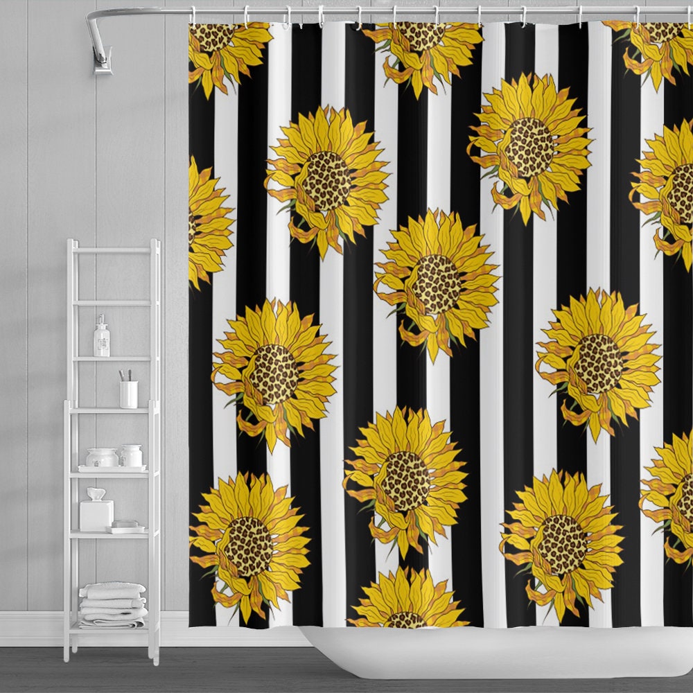 Sunflower Shower Curtain with Vibrant Brown and Orange Pattern on Striped Black and White Background