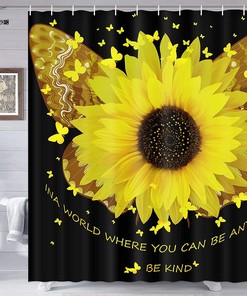 Sunflower Shower Curtain with Vibrant Brown and Orange Pattern on Striped Black and White Background