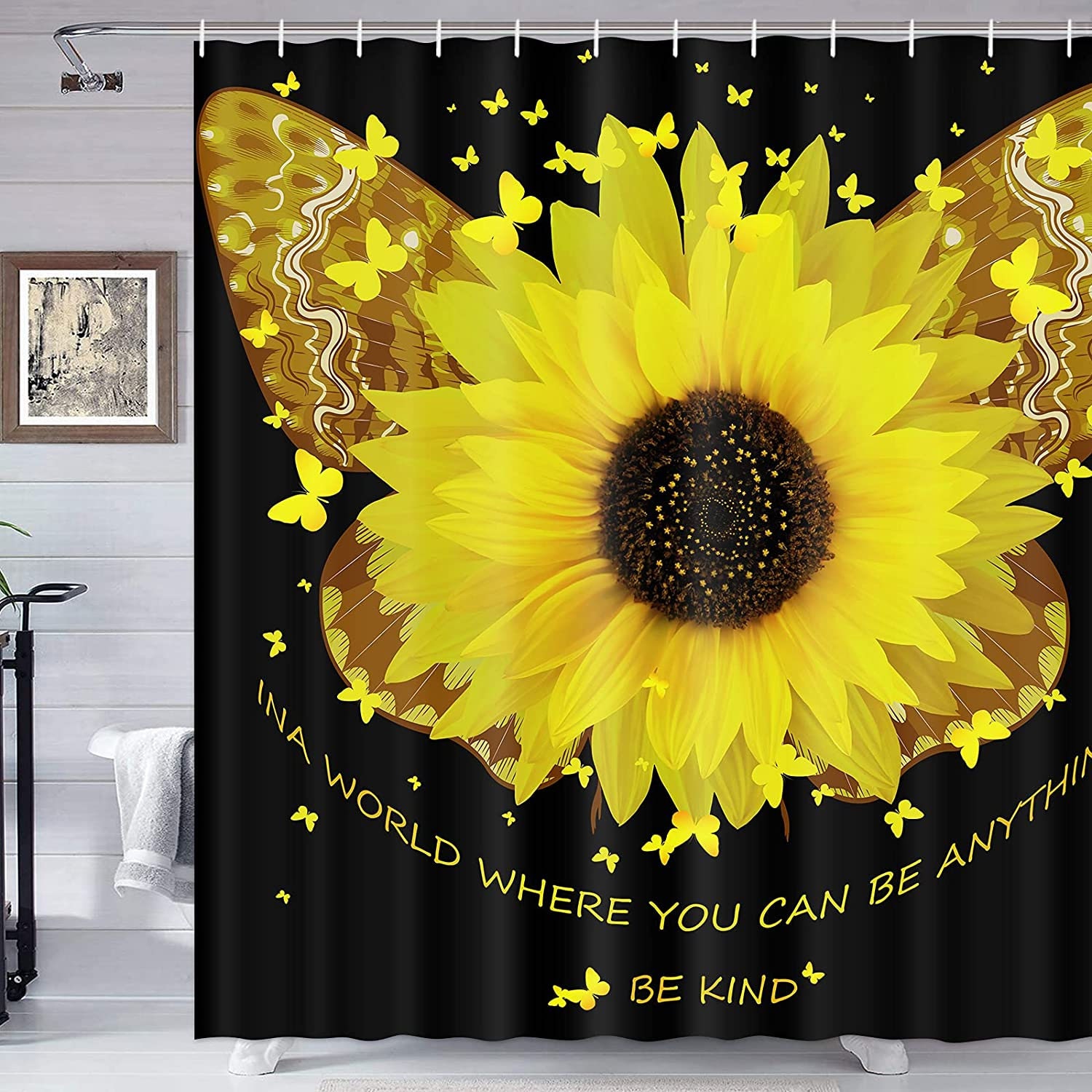 Sunflower Shower Curtain with Vibrant Brown and Orange Pattern on Striped Black and White Background