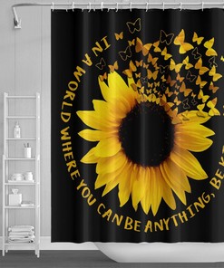 Sunflower Shower Curtain with Vibrant Brown and Orange Pattern on Striped Black and White Background