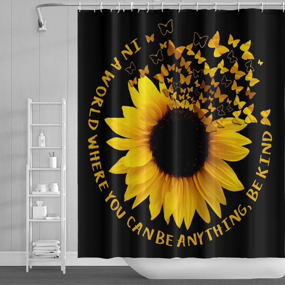 Sunflower Shower Curtain with Vibrant Brown and Orange Pattern on Striped Black and White Background