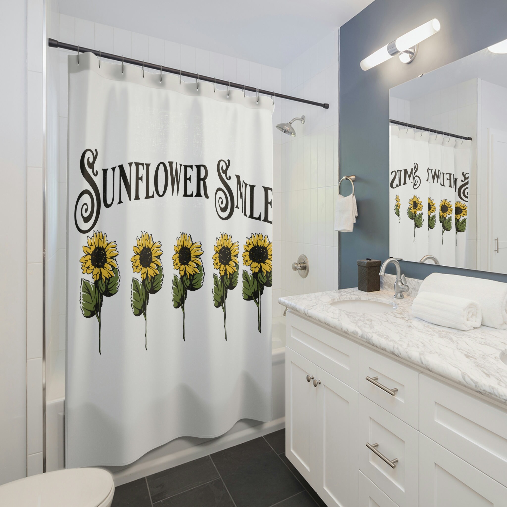 Sunflower Smiles Shower Curtain, Wildflower Theme, Wedding or Bridal Gift, Unique Bathroom Decor