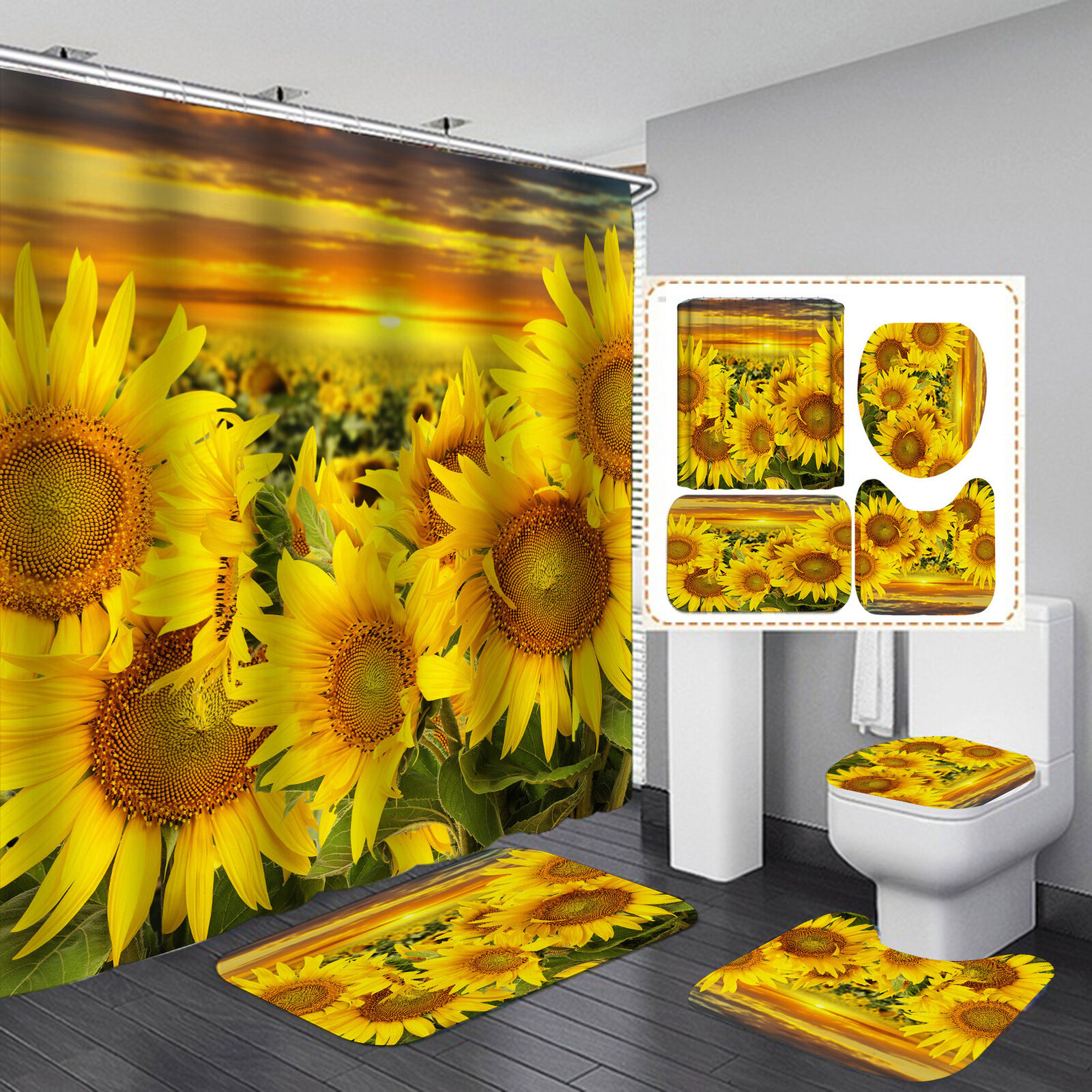 Sunflower Sunset Bathroom Shower Curtain - Waterproof Fabric, Inviting Floral Bathroom Decor