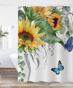 Sunflower and Butterfly Fabric Shower Curtain for Bathroom - Colorful Shower Curtains Decorative