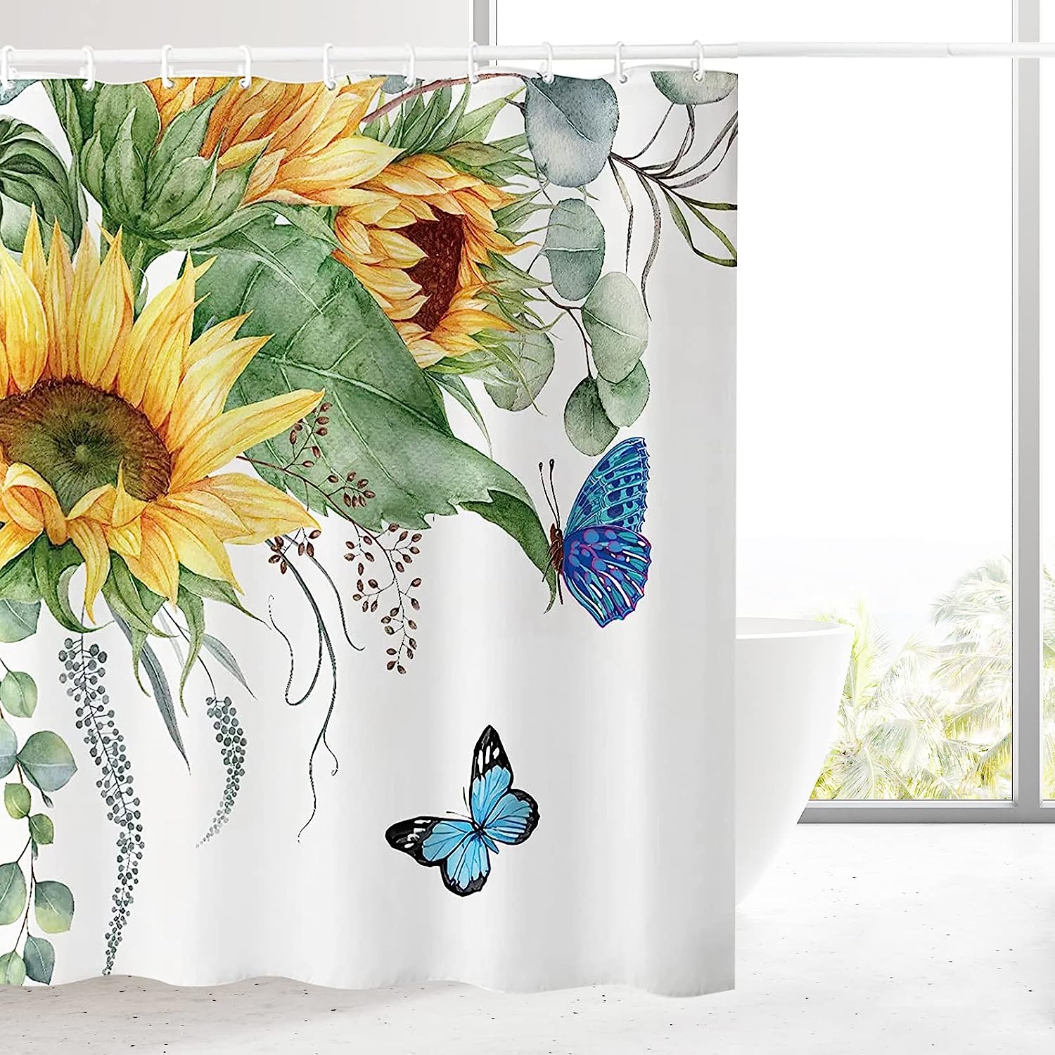 Sunflower and Butterfly Fabric Shower Curtain for Bathroom - Colorful Shower Curtains Decorative