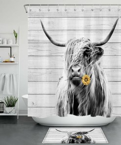 Sunflower and Highland Cow Rustic Board Shower Curtain for Bathroom Decor