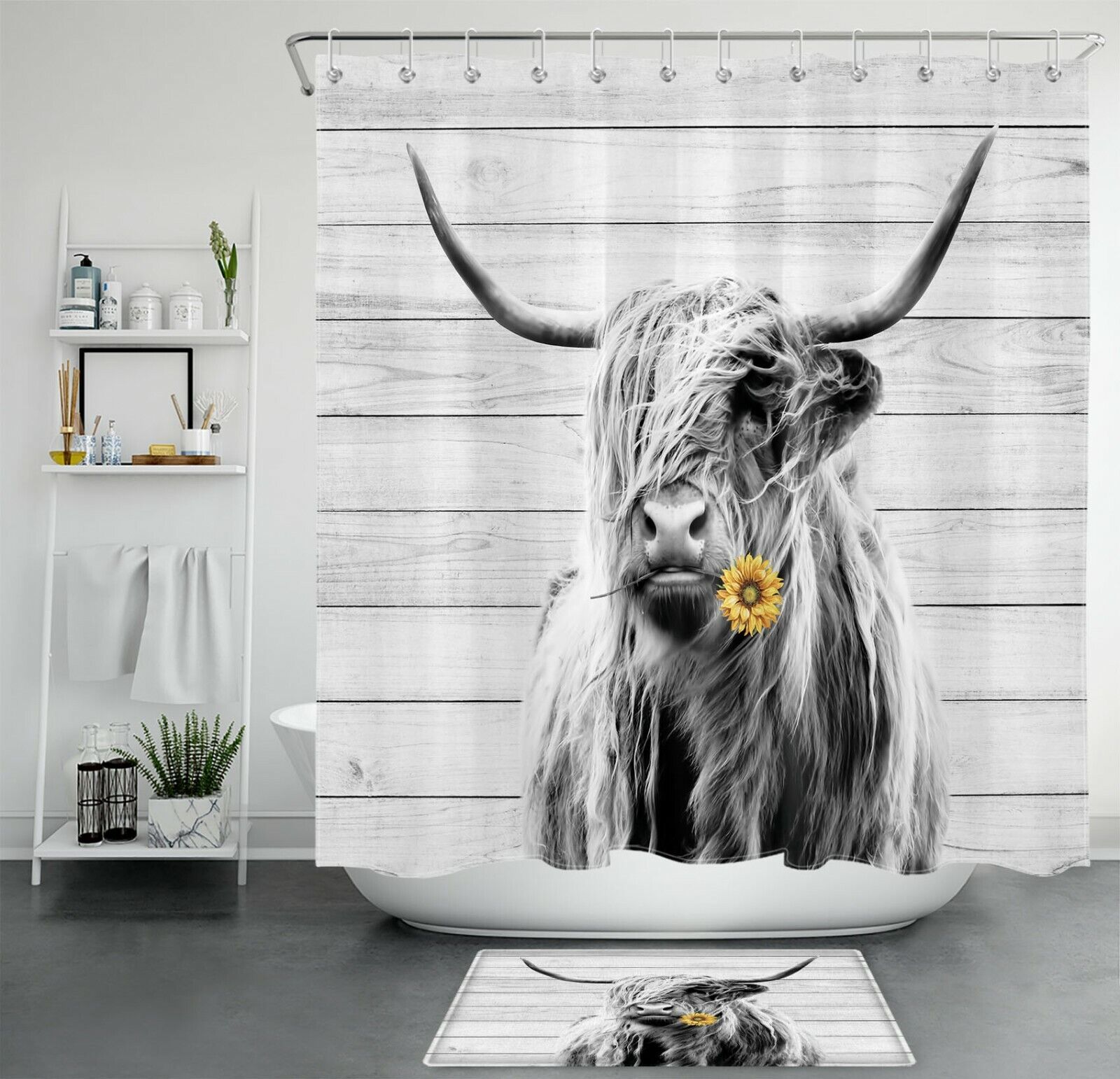 Sunflower and Highland Cow Rustic Board Shower Curtain for Bathroom Decor