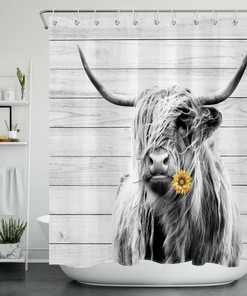 Sunflower and Highland Cow Rustic Board Shower Curtain for Bathroom Decor