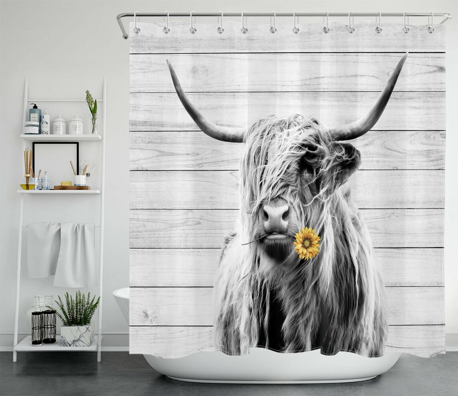 Sunflower and Highland Cow Rustic Board Shower Curtain for Bathroom Decor