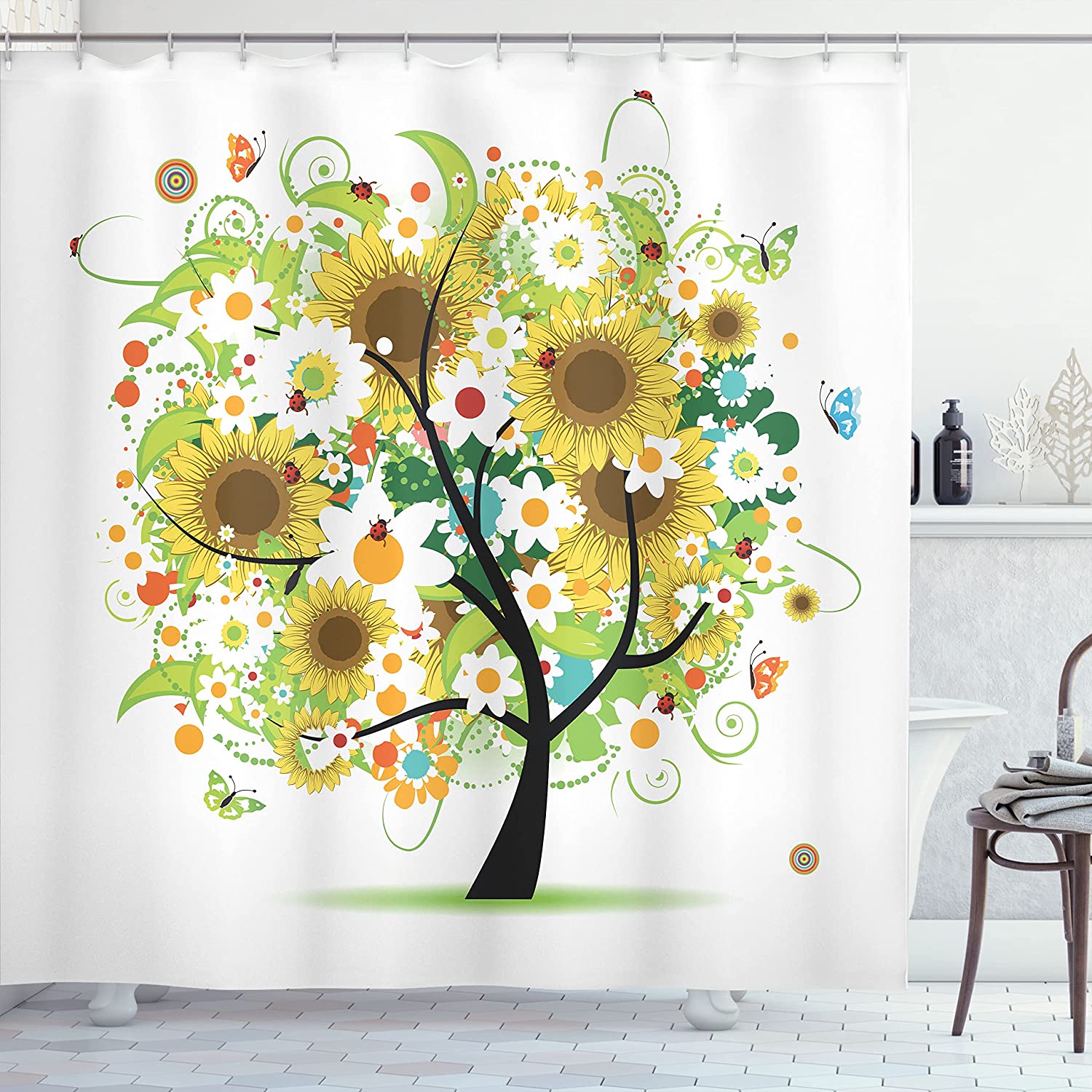 Sunflowers And Butterflies Shower Curtain For Nature-Themed Bathroom Decor