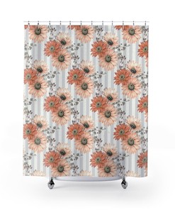 Sunflowers In Stripes Grey And White Striped Floral Shower Curtain