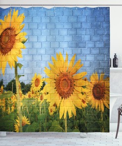 Sunflowers On The Wall Print Shower Curtain For A Sunny Bathroom