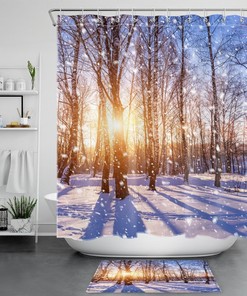 Sunlit Winter Forest Shower Curtain, Nature Inspired Snowflake Bathroom Accessories 