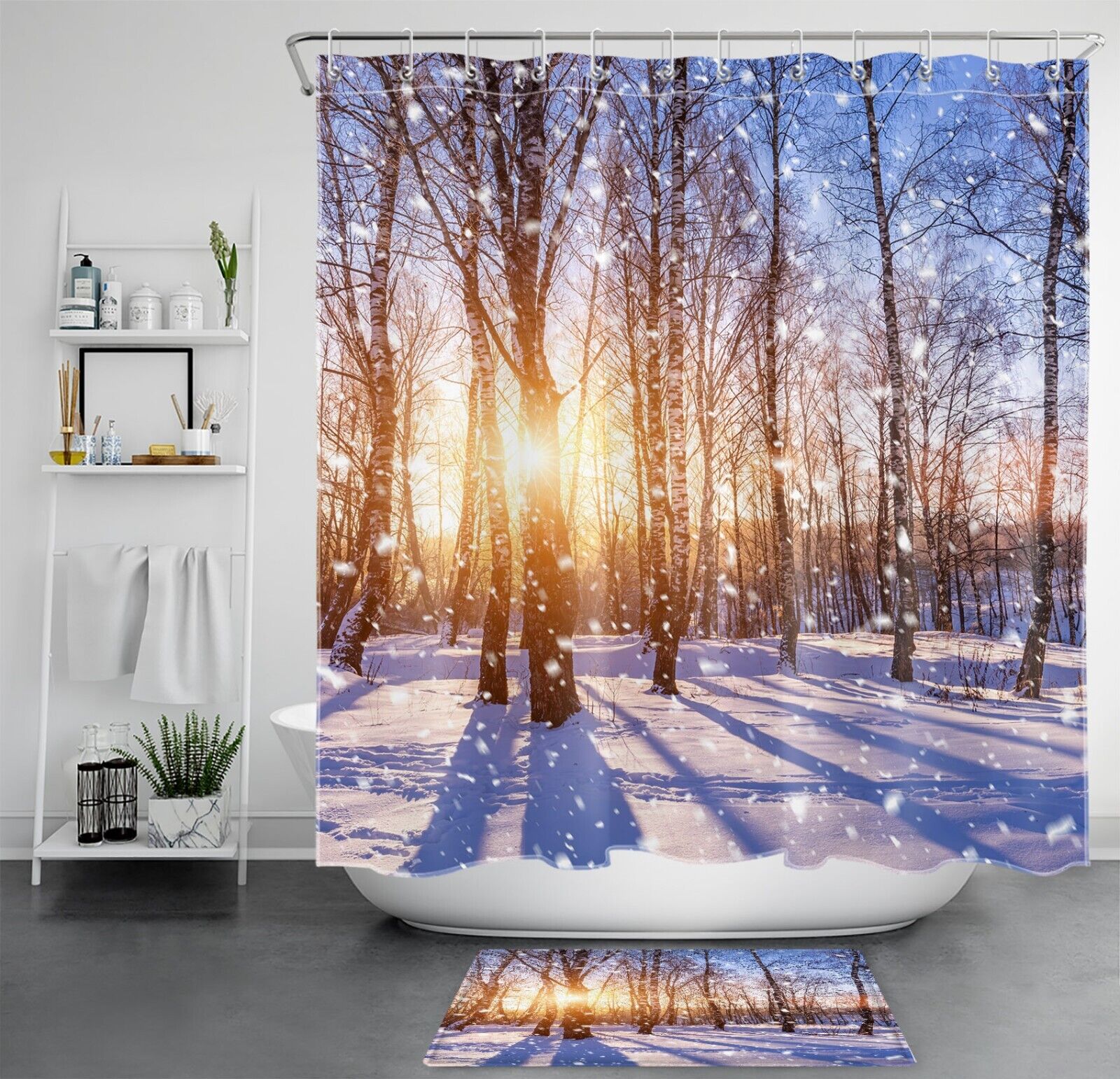 Sunlit Winter Forest Shower Curtain, Nature Inspired Snowflake Bathroom Accessories