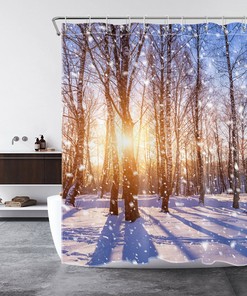 Sunlit Winter Forest Shower Curtain, Nature Inspired Snowflake Bathroom Accessories