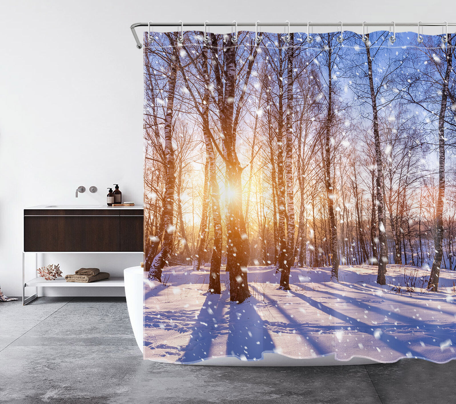 Sunlit Winter Forest Shower Curtain, Nature Inspired Snowflake Bathroom Accessories