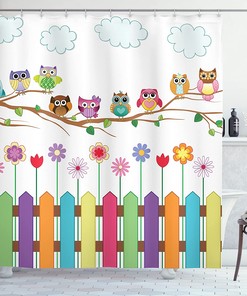 Sunny Day Countryside Owl Shower Curtain, Farmhouse Fences Wildflowers Art Print, Cloth Bathroom Decor