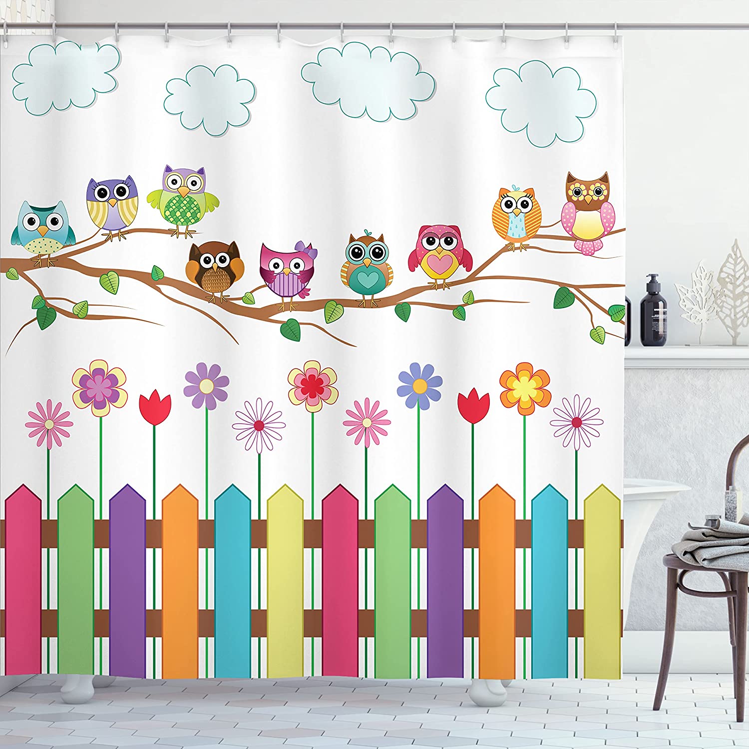 Sunny Day Countryside Owl Shower Curtain, Farmhouse Fences Wildflowers Art Print, Cloth Bathroom Decor