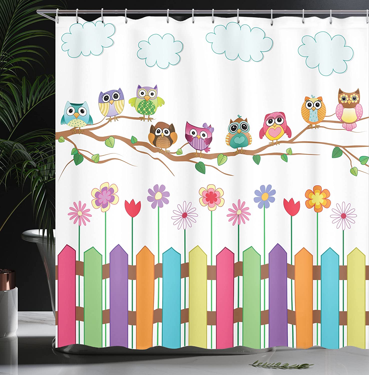 Sunny Day Countryside Owl Shower Curtain, Farmhouse Fences Wildflowers Art Print, Cloth Bathroom Decor - Image 3