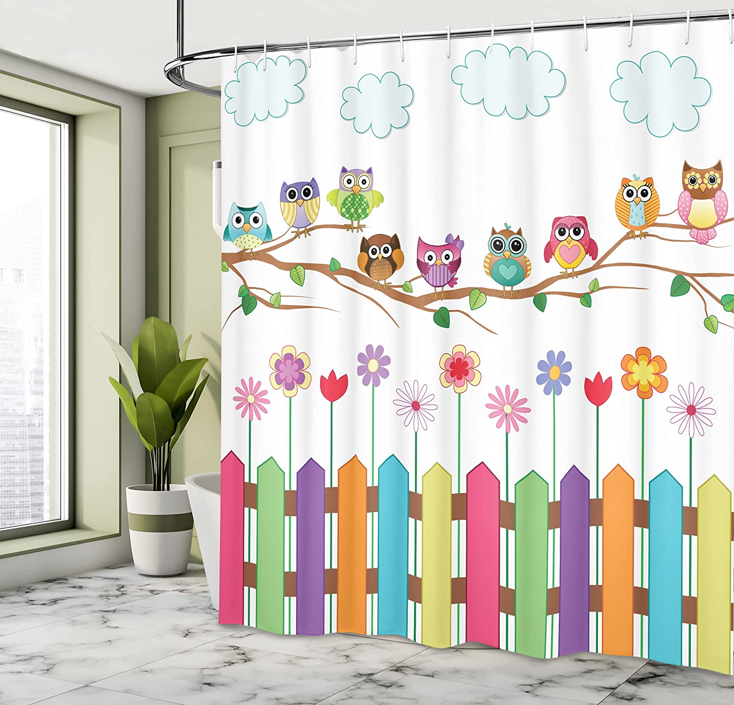 Sunny Day Countryside Owl Shower Curtain, Farmhouse Fences Wildflowers Art Print, Cloth Bathroom Decor - Image 4
