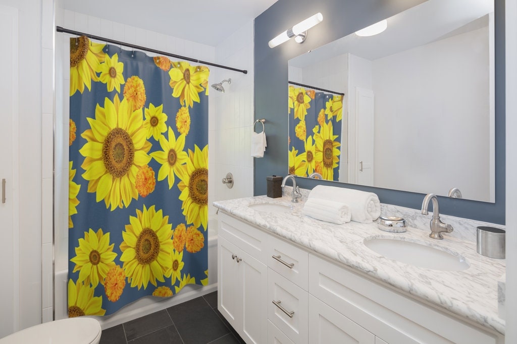 Sunny Days Blue Sunflower Shower Curtain for a Bright Look