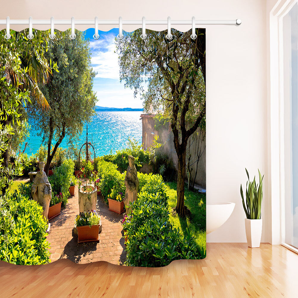 Sunny Garden Scenic Shower Curtain, Waterproof Fabric with Hooks, Perfect Bathroom Decor
