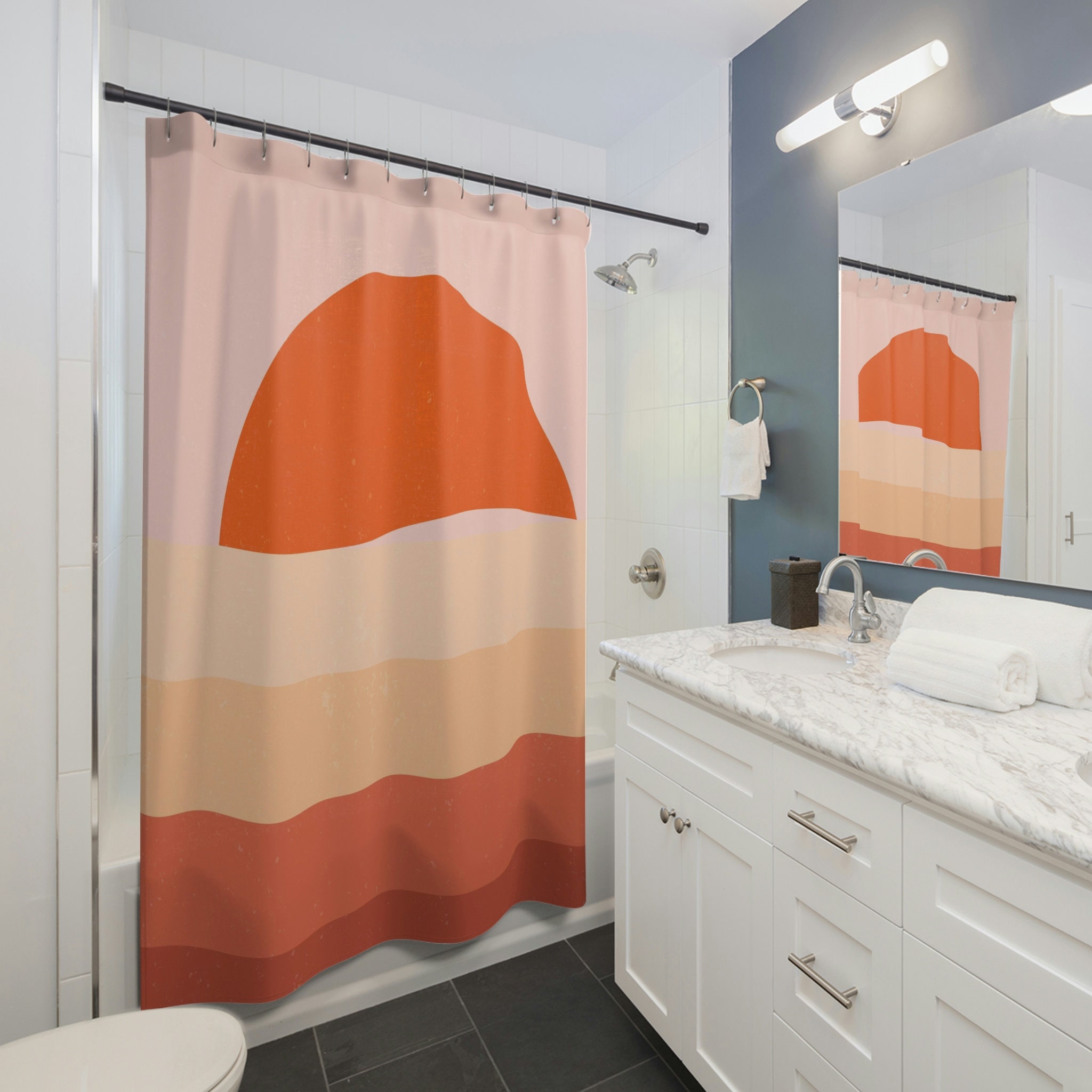 Sunny Mid-Century Modern Shower Curtain, Retro Style Bathroom Decor, Unikat Unique Design