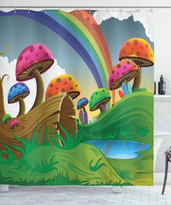 Sunny Mushroom Foliage Shower Curtain - Whimsical and Nature Inspired Bathroom Decor