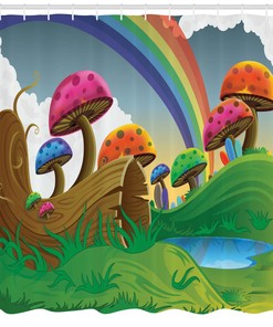 Sunny Mushroom Foliage Shower Curtain - Whimsical and Nature Inspired Bathroom Decor