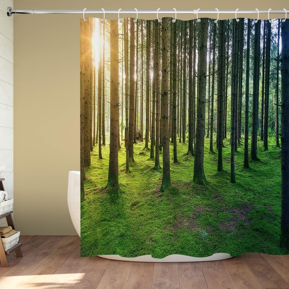 Sunny Nature Birch Forest Shower Curtain with Sunshine Rainforest Landscape for Natural Bathroom Dcor
