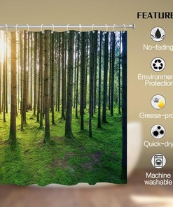 Sunny Nature Birch Forest Shower Curtain with Sunshine Rainforest Landscape for Natural Bathroom Dcor