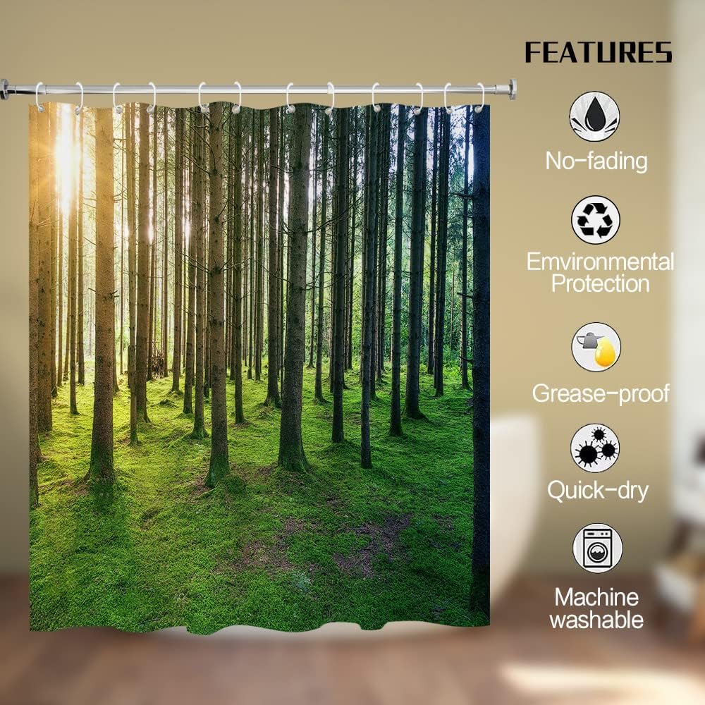 Sunny Nature Birch Forest Shower Curtain with Sunshine Rainforest Landscape for Natural Bathroom Dcor