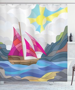 Sunny Nautical Shower Curtain with Sun Sail Boat Vitray Print - Perfect Addition to Your Bathroom Decor