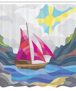 Sunny Nautical Shower Curtain with Sun Sail Boat Vitray Print - Perfect Addition to Your Bathroom Decor