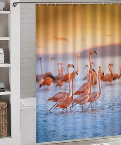 Sunny Pink Flamingos Shower Curtain for Tropical Bathroom Decoration