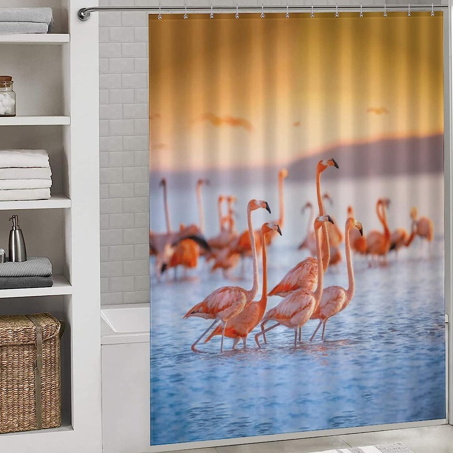 Sunny Pink Flamingos Shower Curtain for Tropical Bathroom Decoration