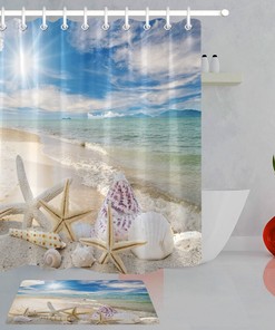 Sunny Seashells Shower Curtain, Scenic Beach Bathroom Decor, Waterproof Fabric 
