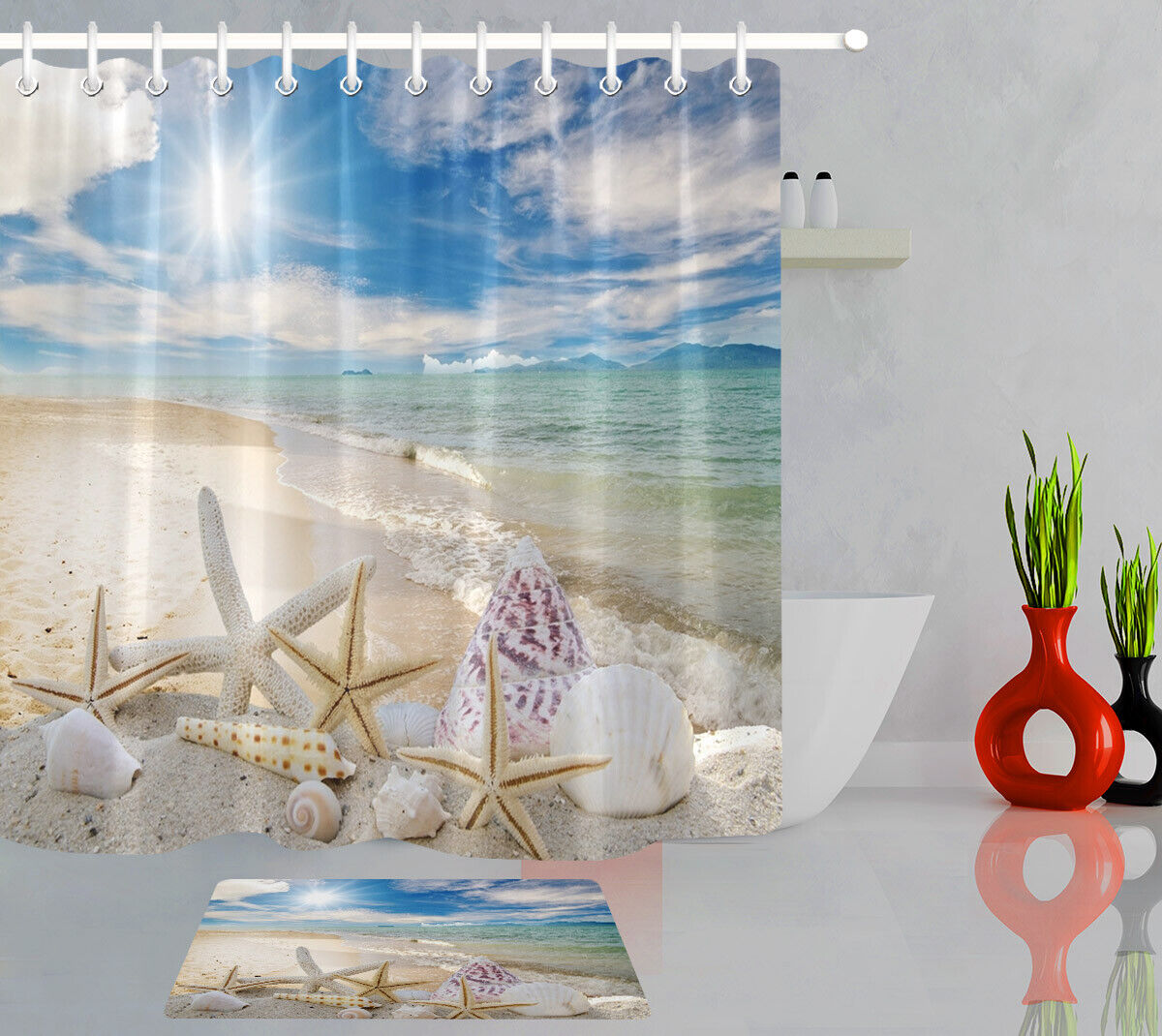 Sunny Seashells Shower Curtain, Scenic Beach Bathroom Decor, Waterproof Fabric