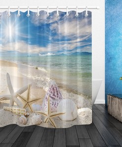 Sunny Seashells Shower Curtain, Scenic Beach Bathroom Decor, Waterproof Fabric