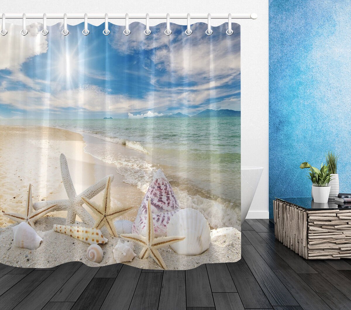 Sunny Seashells Shower Curtain, Scenic Beach Bathroom Decor, Waterproof Fabric