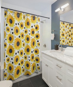 Sunny Sunflower Shower Curtain And Matching Bathmat For Cheerful Kids Bathroom Decor