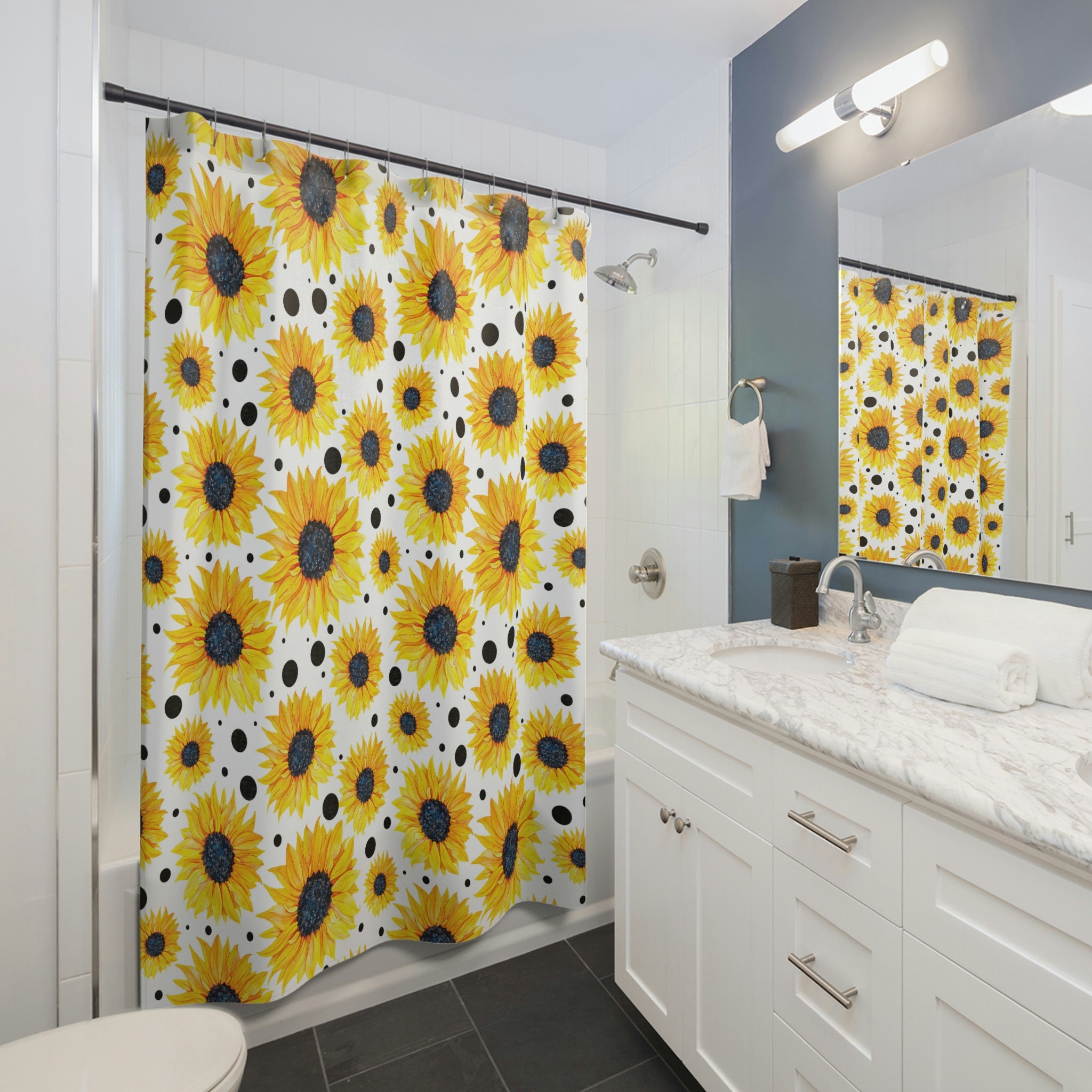 Sunny Sunflower Shower Curtain And Matching Bathmat For Cheerful Kids Bathroom Decor