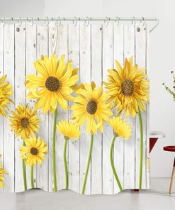 Sunny Sunflower Shower Curtain with Art Print and Wooden Texture for Bathroom 
