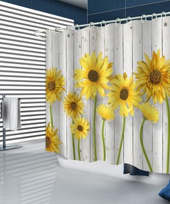 Sunny Sunflower Shower Curtain with Art Print and Wooden Texture for Bathroom