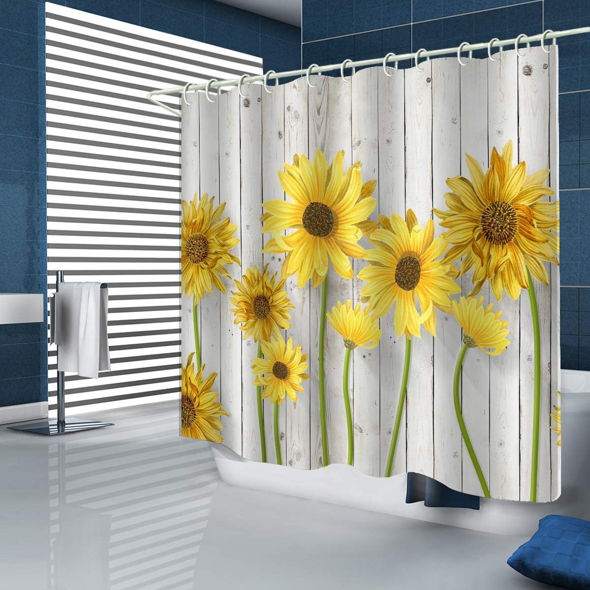 Sunny Sunflower Shower Curtain with Art Print and Wooden Texture for Bathroom