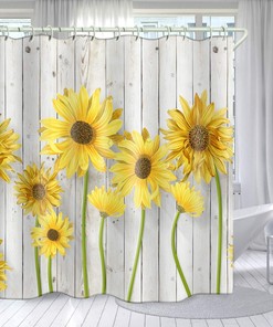 Sunny Sunflower Shower Curtain with Art Print and Wooden Texture for Bathroom