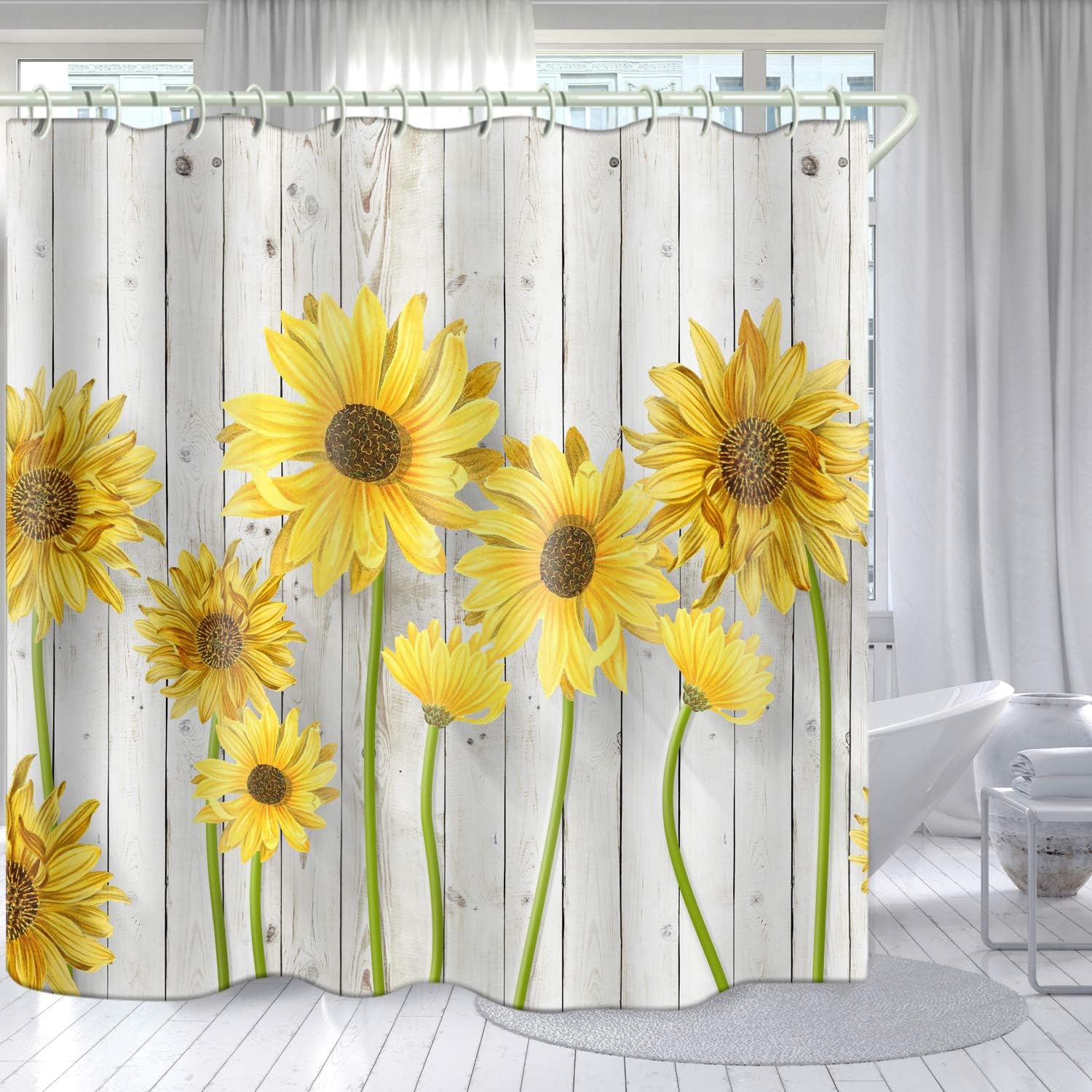 Sunny Sunflower Shower Curtain with Art Print and Wooden Texture for Bathroom