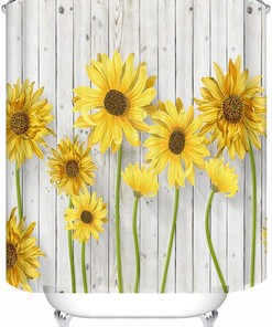 Sunny Sunflower Shower Curtain with Art Print and Wooden Texture for Bathroom