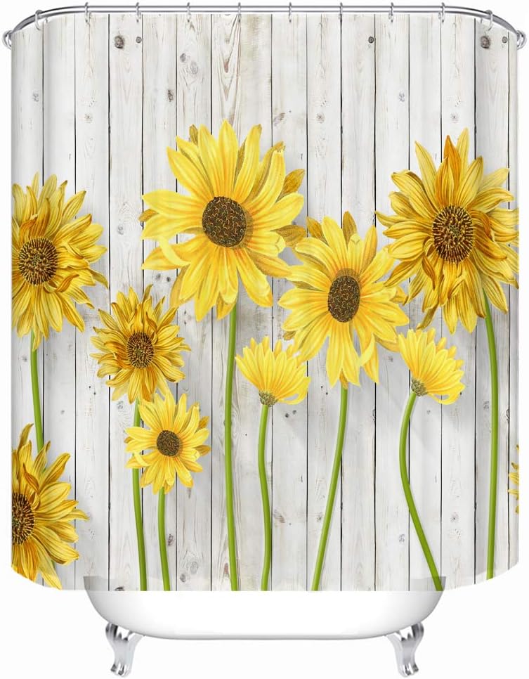 Sunny Sunflower Shower Curtain with Art Print and Wooden Texture for Bathroom
