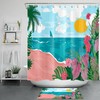 Sunny Tropical Ocean Shower Curtain With Clouds, Plant And Floral Design